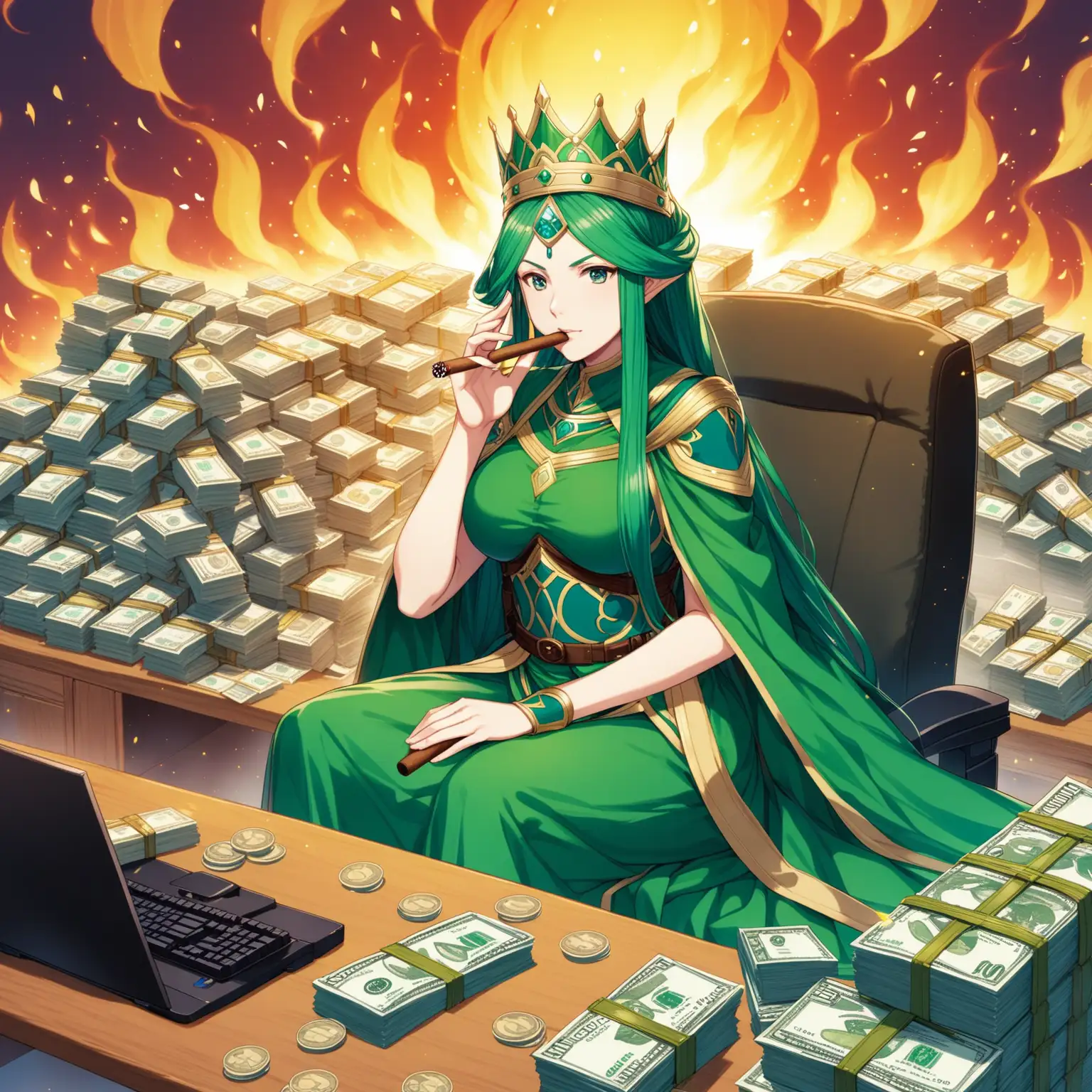 Sothis from Fire Emblem, smoking a cigar, surrounded by piles of cash, sitting at a computer, wearing a crown