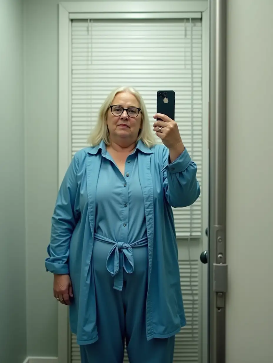 60YearOld-Woman-in-Blue-Robe-Taking-FullBody-Mirror-Selfie-in-Bright-Fitting-Room