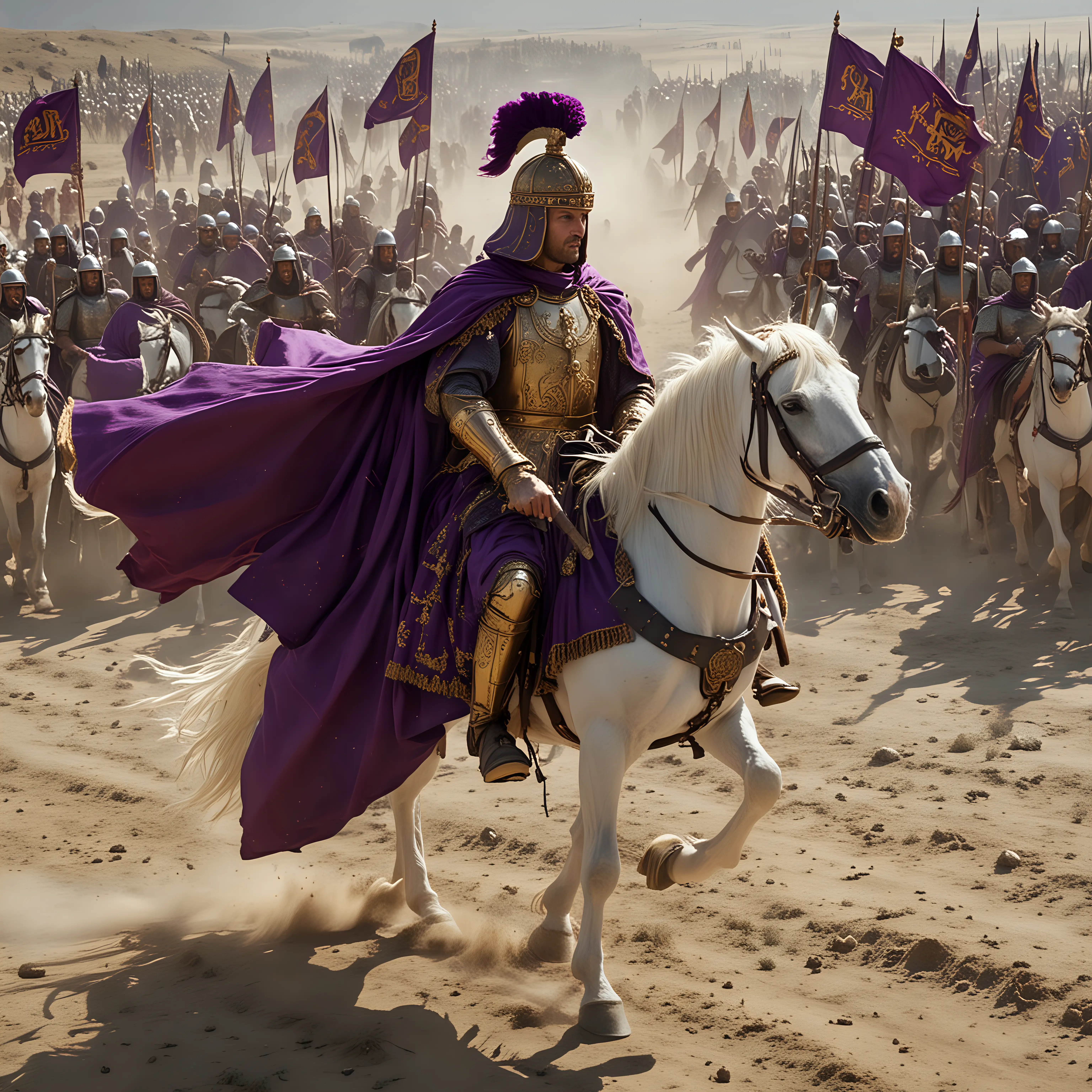 Camera view from behind, slightly above. The Byzantine emperor in a fluttering purple cloak, in a helmet with a plume, with a sword on his belt, on a white horse in cataphract armor, with his hand raised, gallops along the line of his foot soldiers. Standards are fluttering, on the flags is the face of Christ.