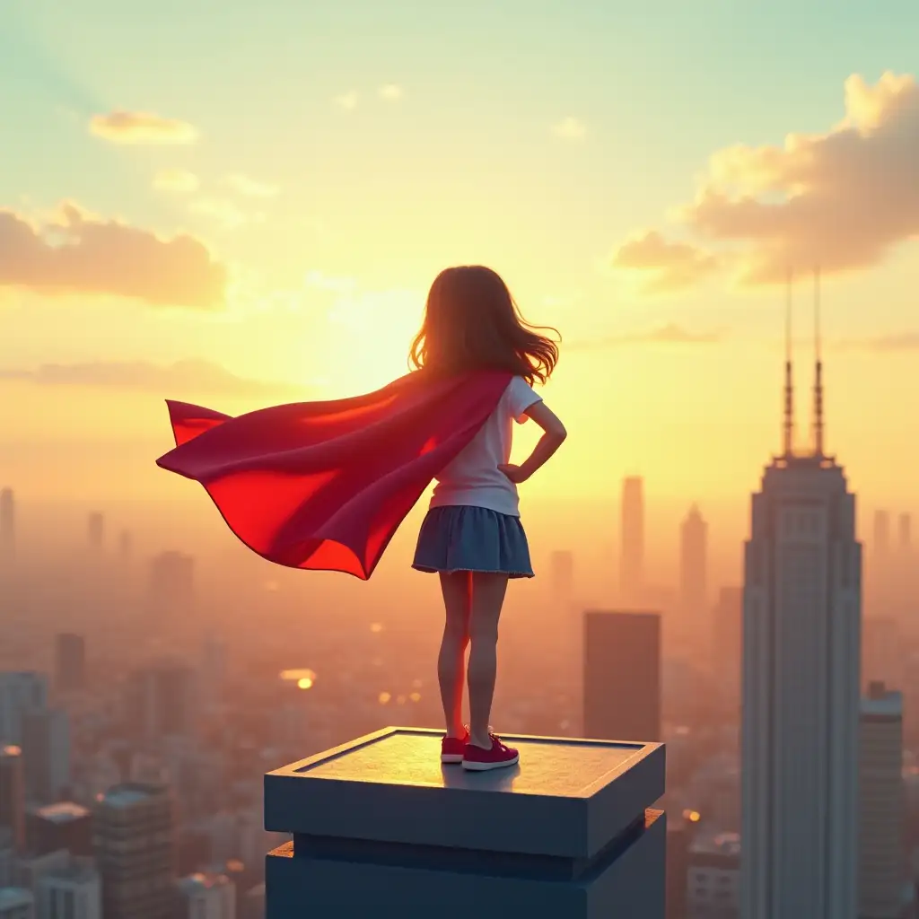 Beautiful little superhero girls with cape on top of a building looking over the city she is protecting in a summer olored morning