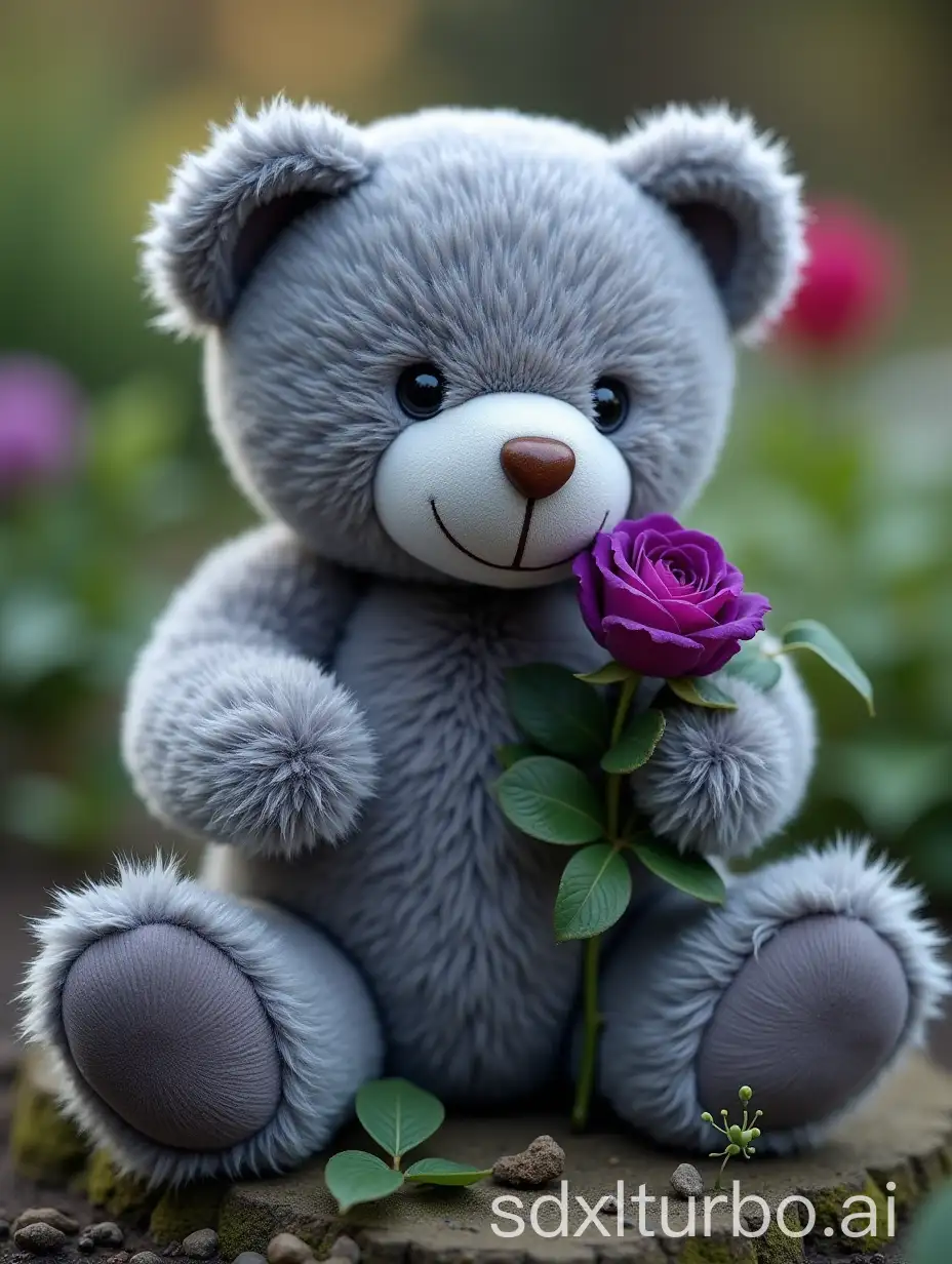 a plush anthracite silver teddy bear holding a violet rose in a garden