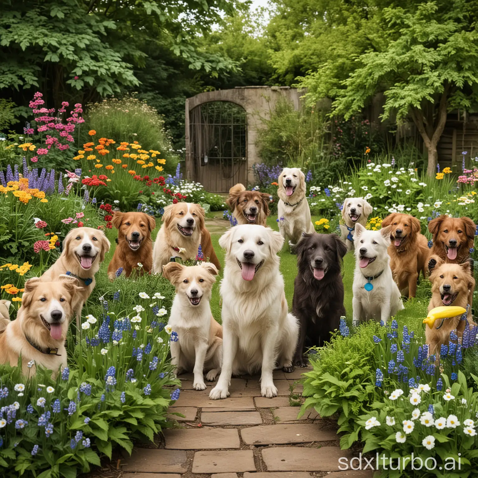 Cheerful-Dogs-in-a-Vibrant-Garden