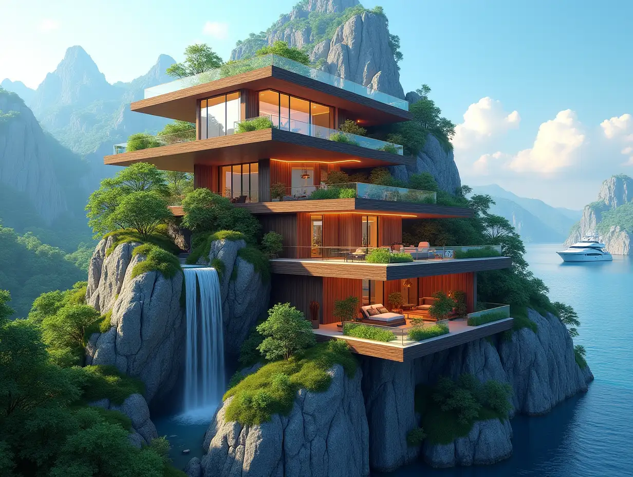 A futuristic multi-story house made of many wood lit glass squares and wood lies on the mountain peak,many plants waterfall,trees, blue sky, bright environment, mountains,clear water and a yacht in the background, colorful 8k quality