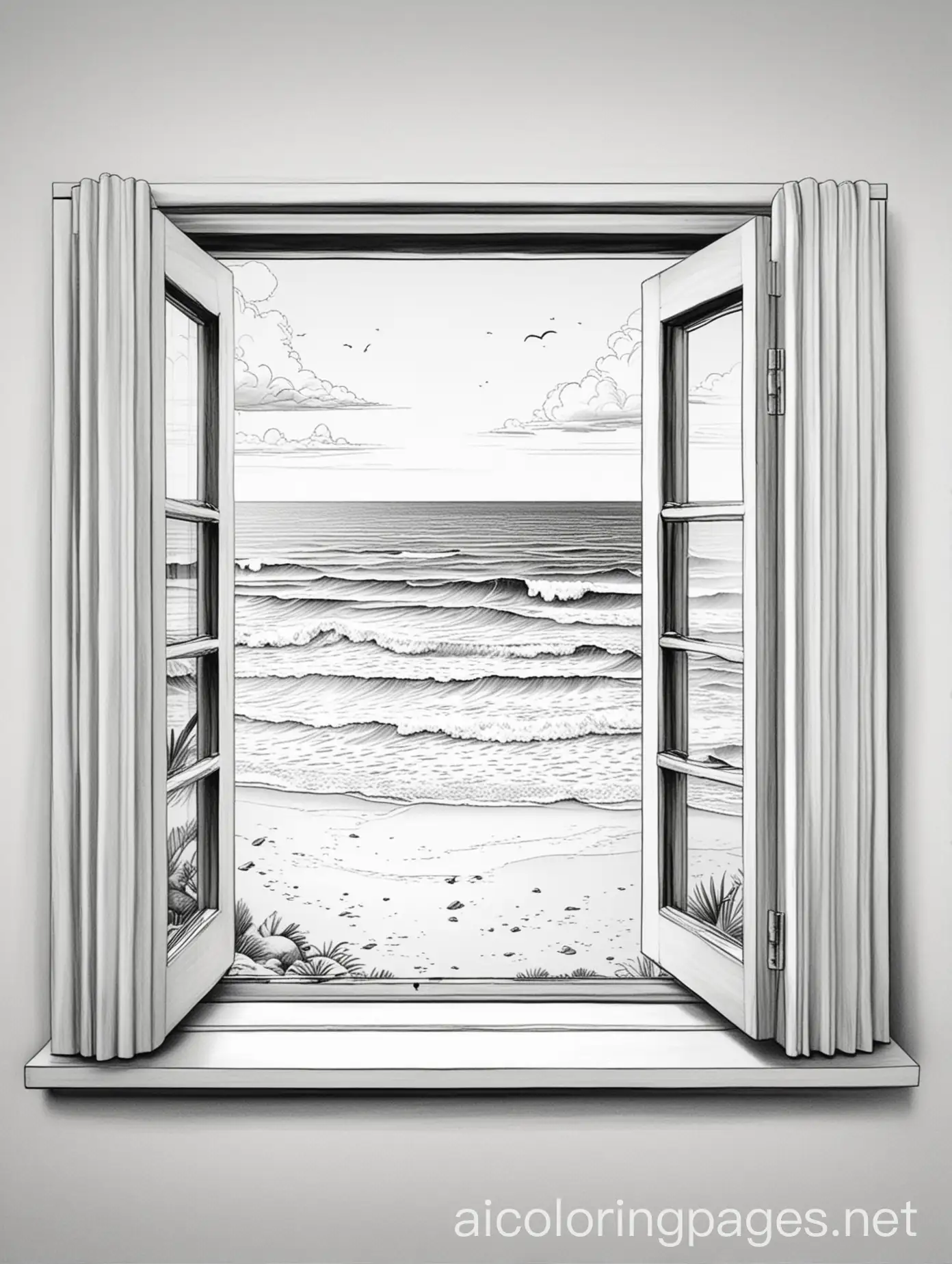 clean line art,  open window with beach view, Coloring Page, black and white, line art, white background, Simplicity, Ample White Space. The background of the coloring page is plain white to make it easy for young children to color within the lines. The outlines of all the subjects are easy to distinguish, making it simple for kids to color without too much difficulty