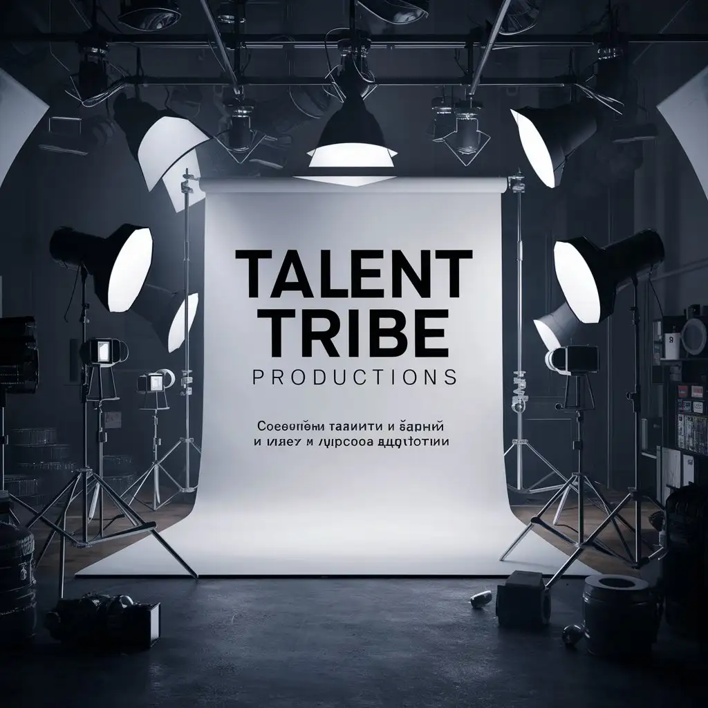 Нарисуй фотостудию со всем оборудованием, а на белой циклораме напиши Talent Tribe Productions по середине, под названием напиши Соединяем таланты и их идеи с широкой аудиторией