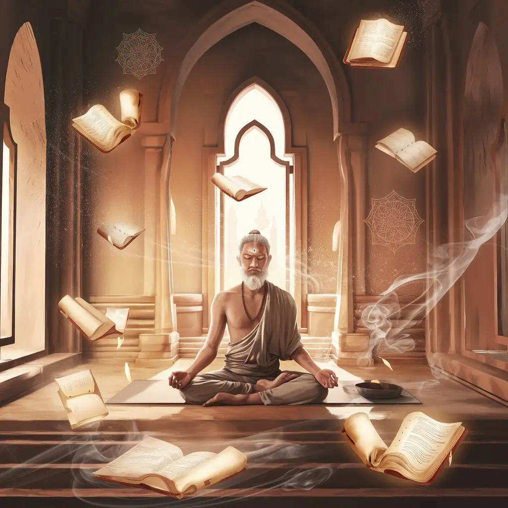 Wise-Yogi-in-Ancient-Temple-Surrounded-by-Floating-Manuscripts