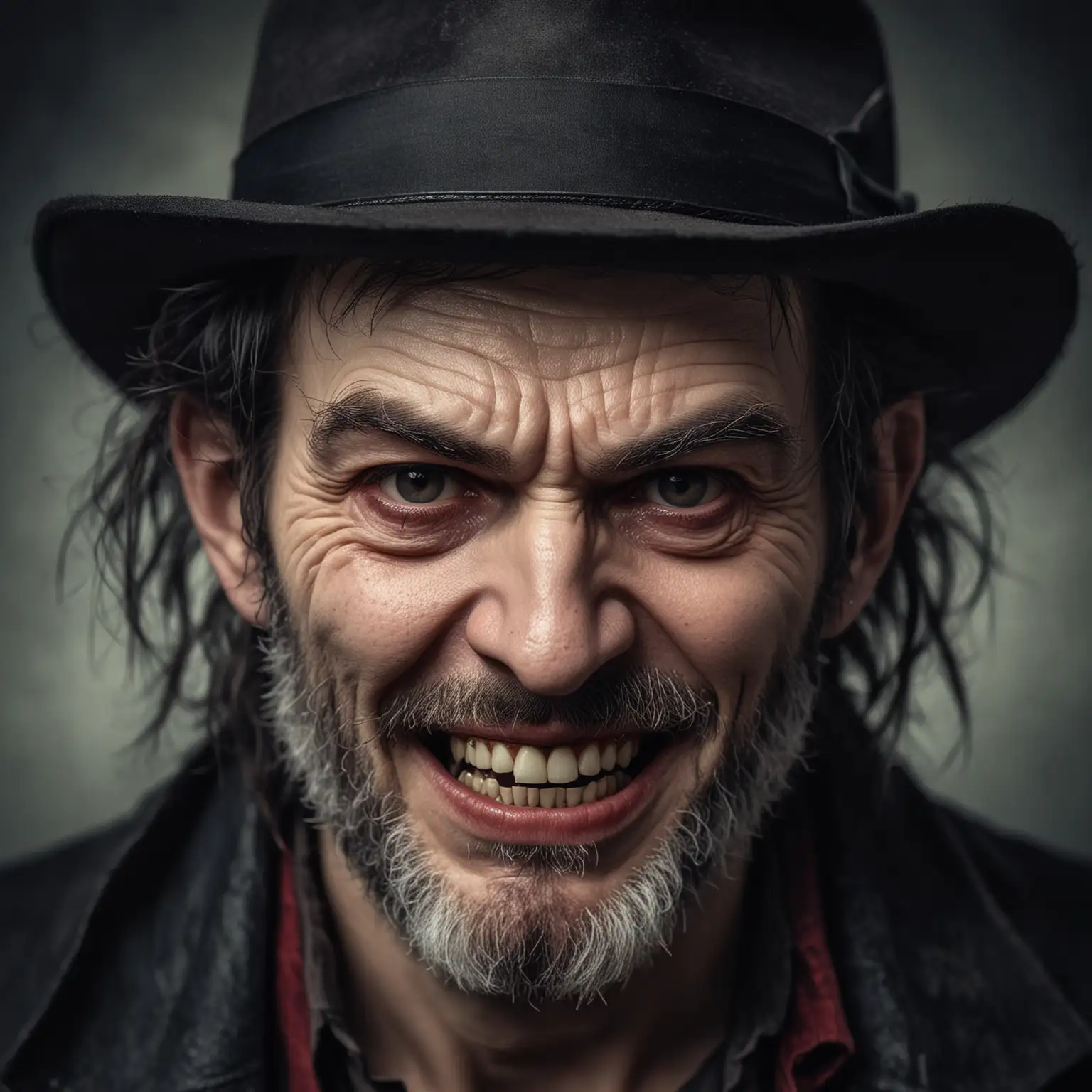 CloseUp Portrait of Hobo Vampire with Fangs in Fedora