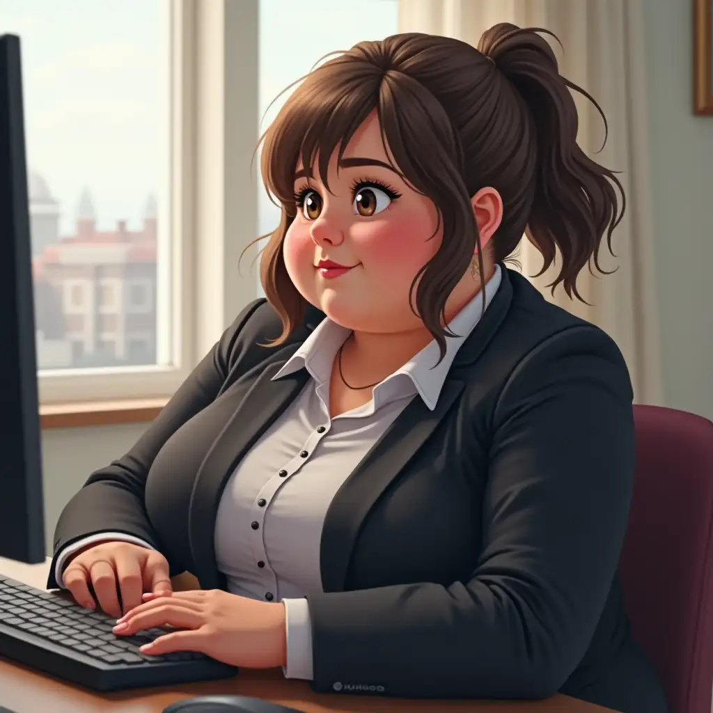 Design a Realistic chubby GIRL IN CORPORATE SUIT IN OFFICE SITTING IN FRONT OF COMPUTER looking in to me