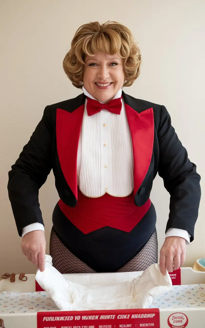 Smiling-Caucasian-Woman-in-Formal-Tuxedo-Changing-Diaper-in-Nursery