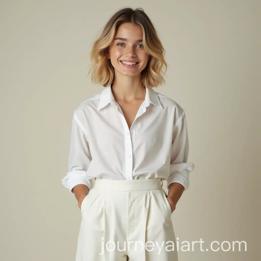 Girl-in-White-Shirt-and-Wide-Pants-with-Short-Dark-Blonde-Hair