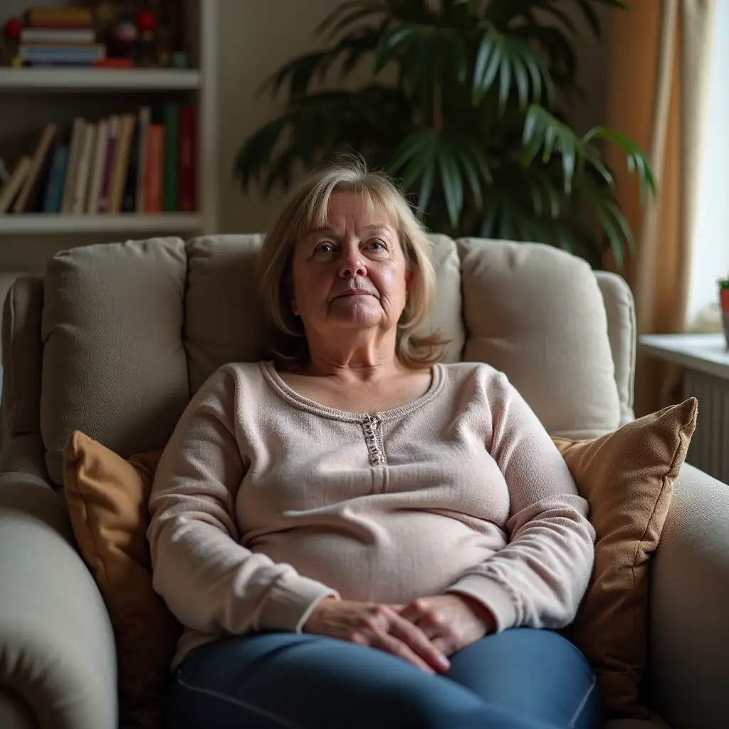 MiddleAged-Mother-Relaxing-in-Comfortable-Chair-in-Cozy-Living-Room