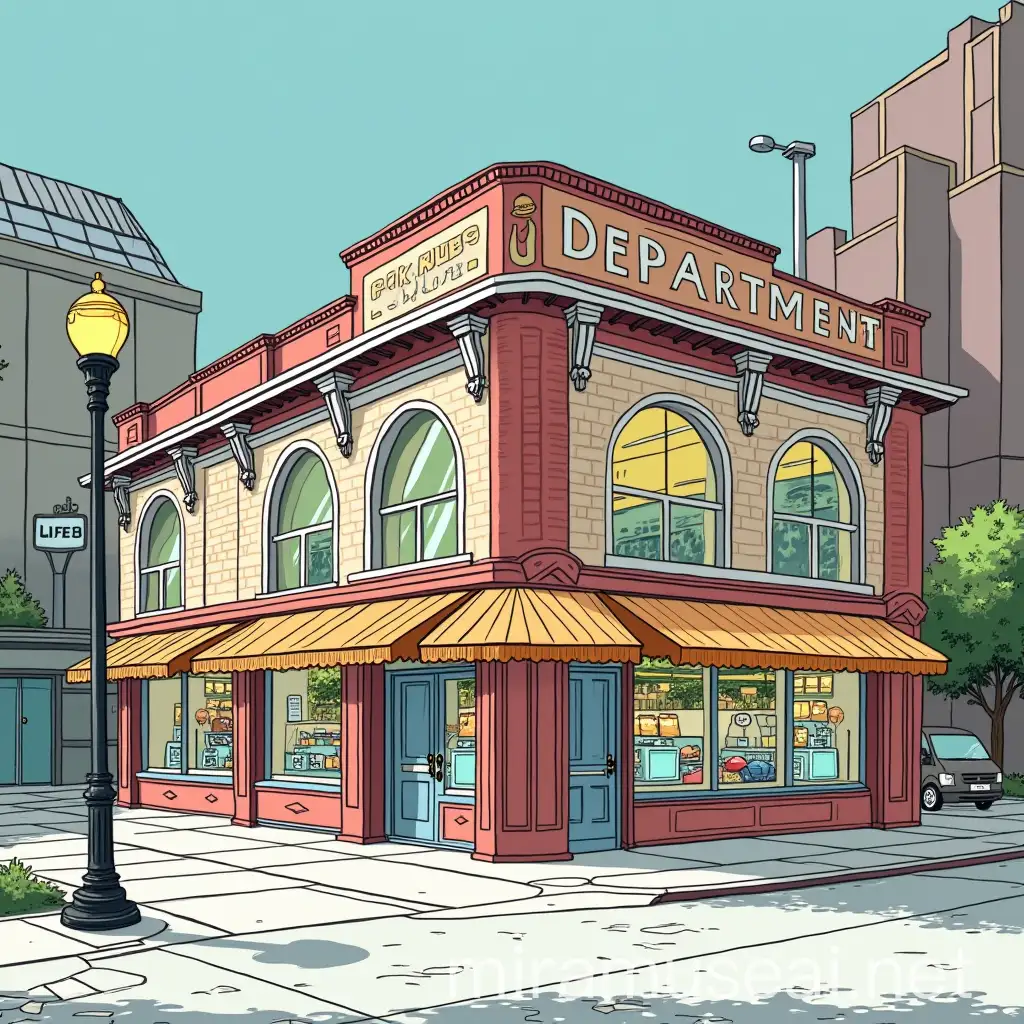 an enclosed department store in a city. in american comics, lineart, in colors