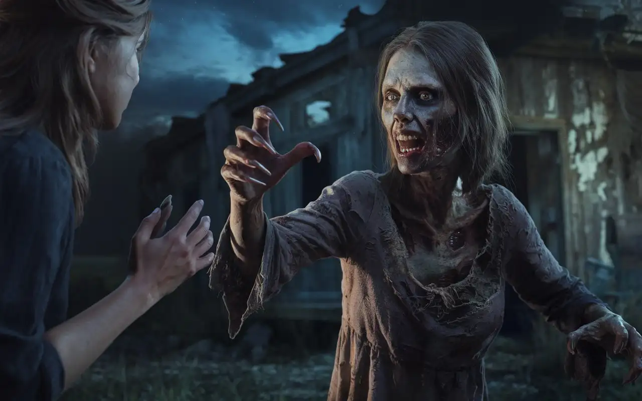 Terrifying-Zombie-Woman-Attacking-Defenseless-Victim-in-a-Gloomy-Night-Scene