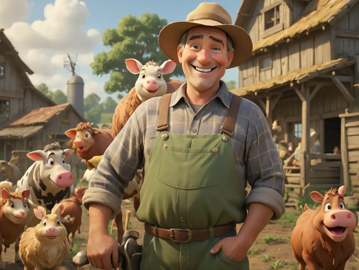 A wide-angle view of a middle-aged man wearing farming clothes, with a farm and smiling animals in the background., 3d disney inspire