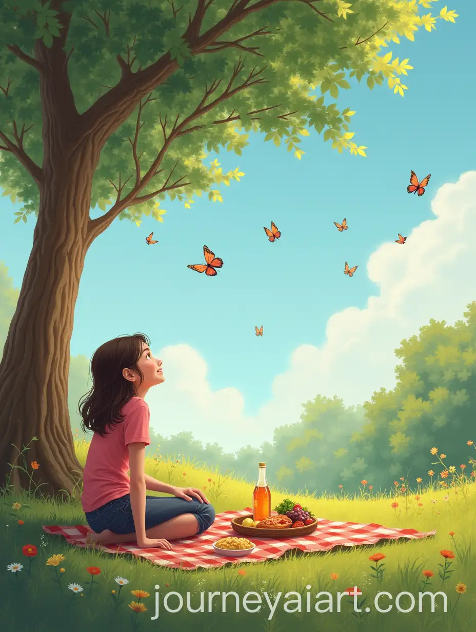 Relaxing-Picnic-Under-a-Tree-with-Butterflies-and-a-Smiling-Person-Gazing-at-the-Sky