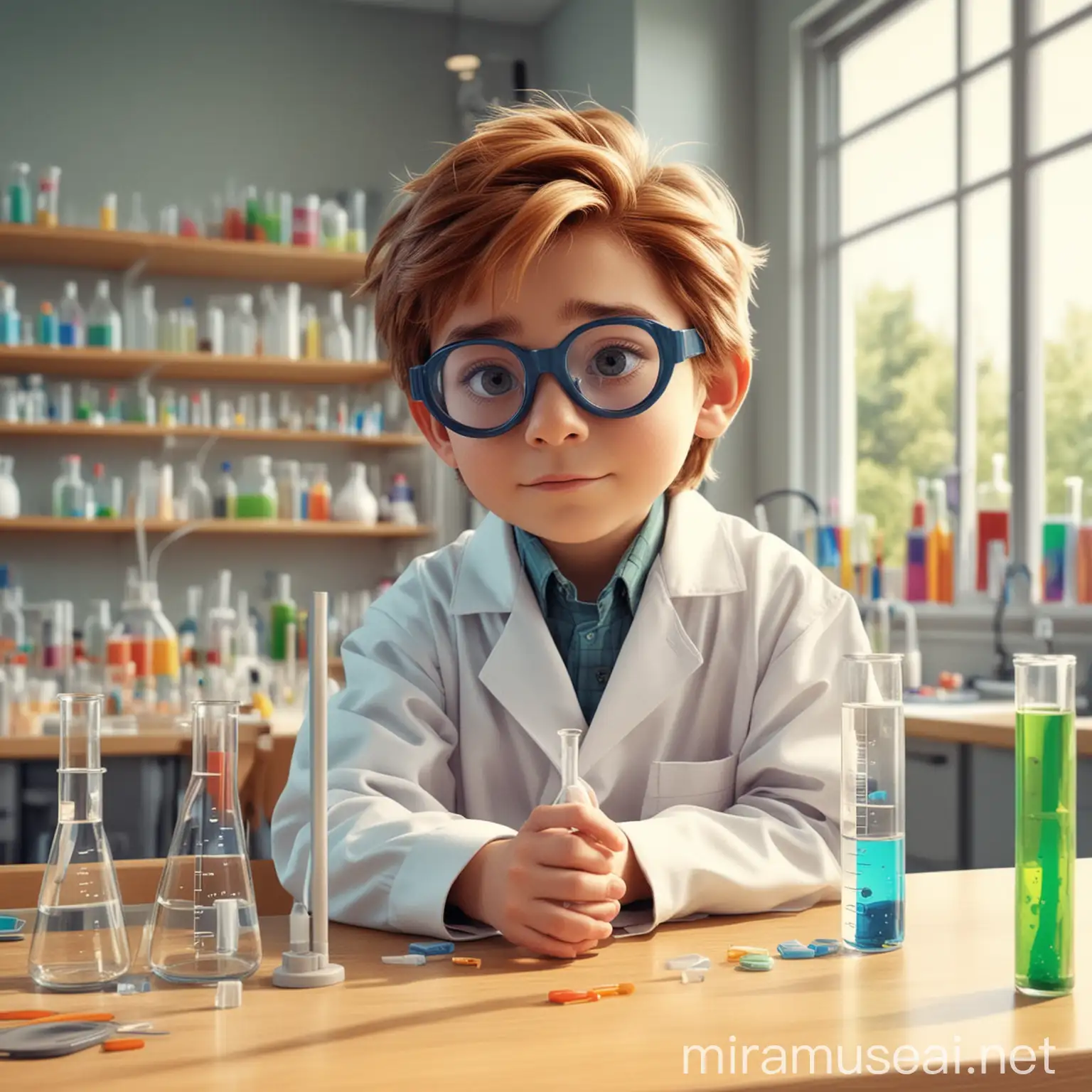 Bright Elementary School Science Experiment with Boy in Lab Coat