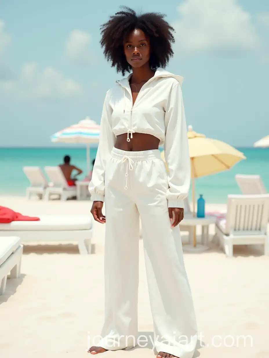 Confident-African-Model-in-White-Cropped-Windbreaker-and-WideLeg-Pants-at-Vibrant-Beach