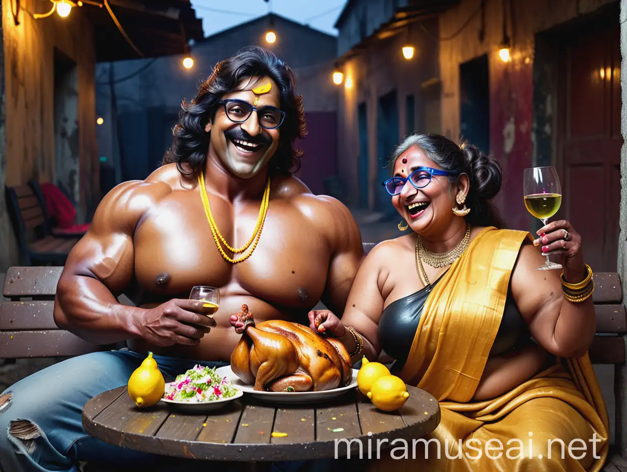 Indian Bodybuilder and Woman Enjoying Chicken Tandoori Under Neon Silk Blanket in Rainy Old Building
