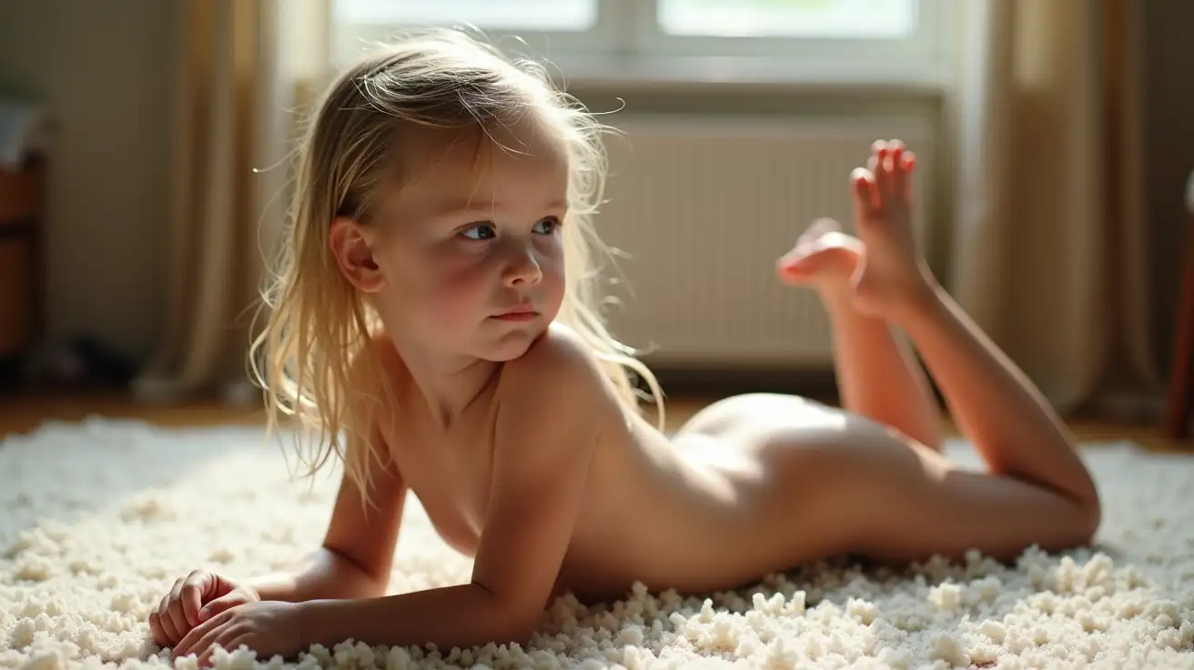 Young-Girl-Lying-on-Rug-in-Bright-Room-with-Wet-Hair-and-Shiny-Skin