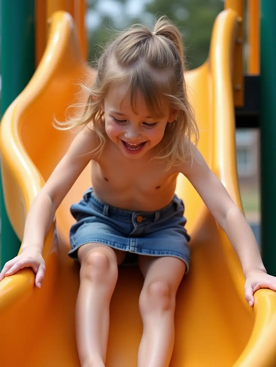 Skinny-Girl-Laughing-While-Sliding-Down-Playground-Slide-in-Denim-Miniskirt