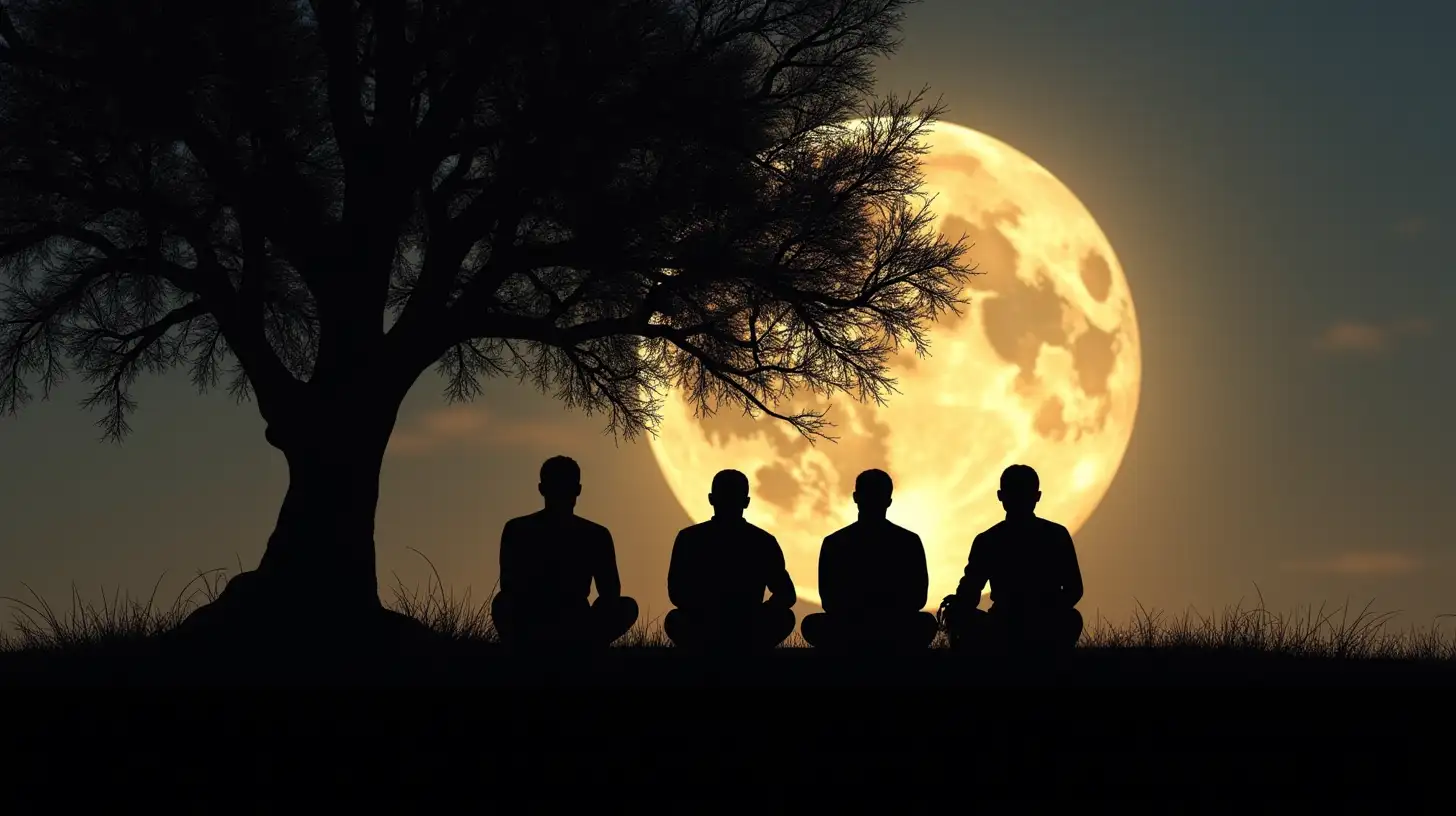 Silhouette of Four Men Sitting by a Majestic Tree under a Full Moon