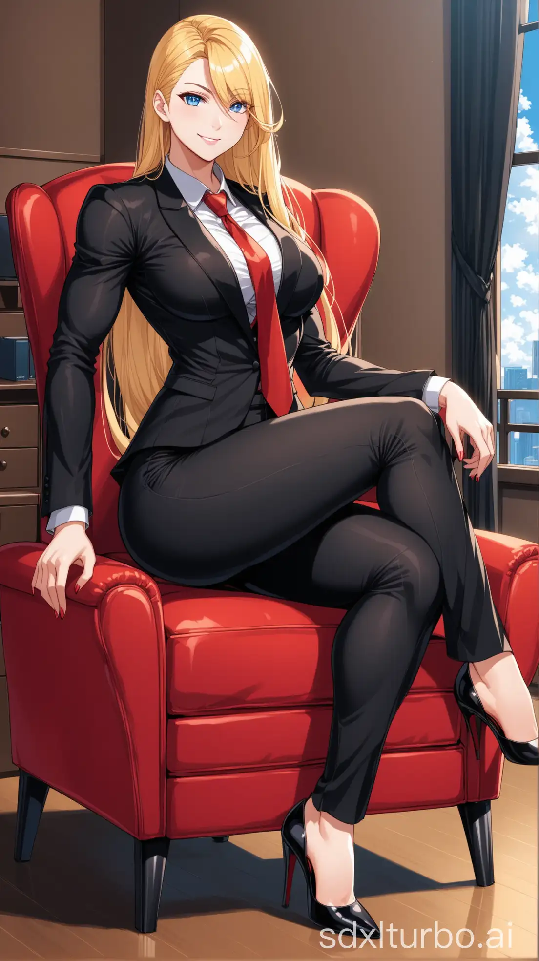 Elegant-Tall-Woman-in-Formal-Attire-Sitting-Comfortably