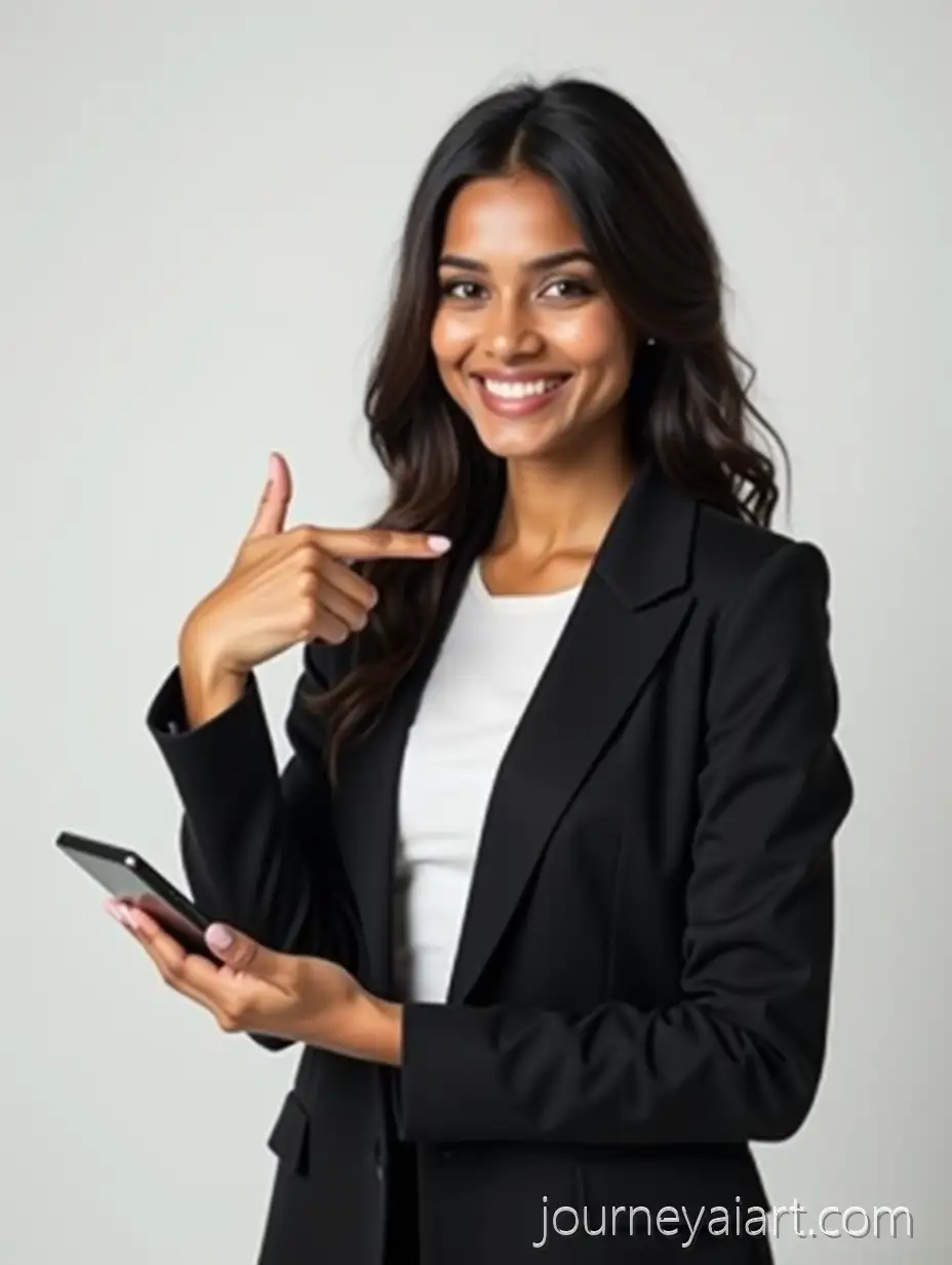 ConfIndian-woman-with-smartphoneident-Indian-Woman-in-Dark-Blazer-Holding-Smartphone-with-Refer-a-Friend-Gesture