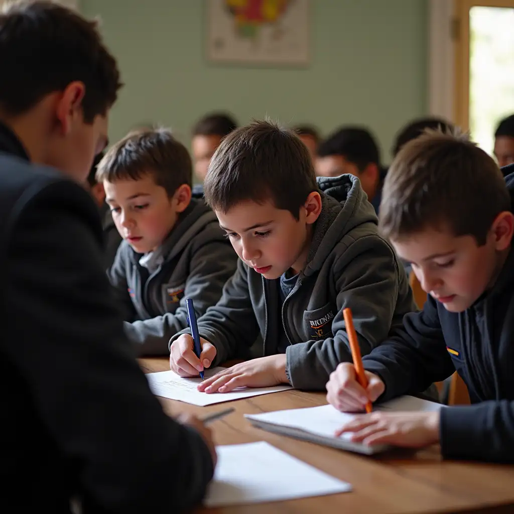 So many boy students writing exam in front of teacher