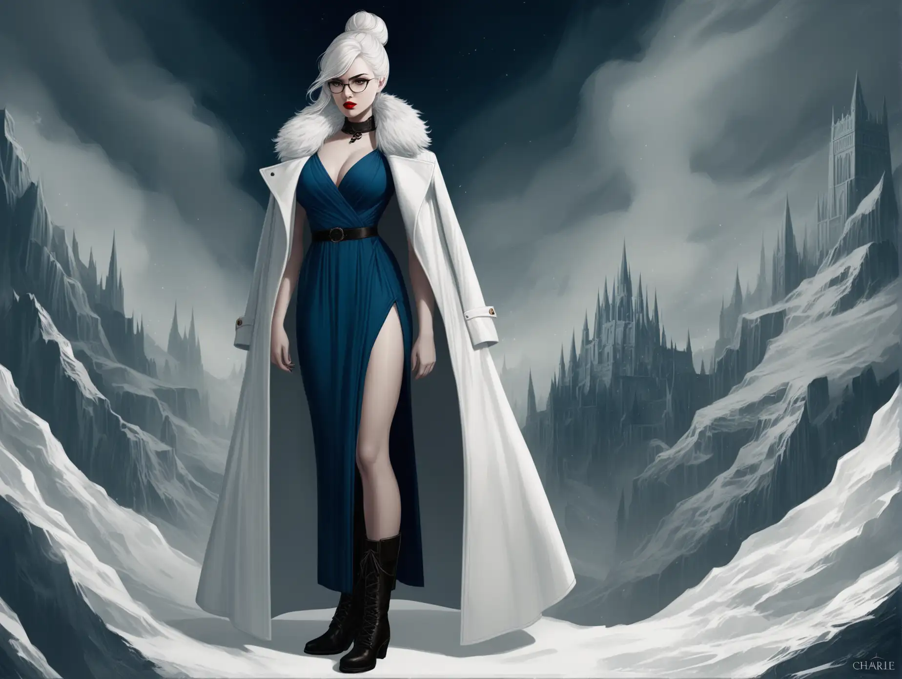 Fantasy-Woman-in-Blue-Dress-with-White-Coat-and-Fur-Collar-Standing-with-Cigar