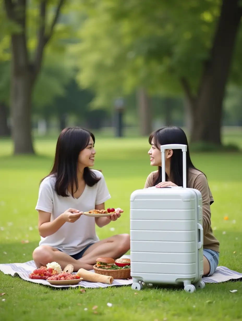 Asian Women Having Picnic with White Luggage Box in Park