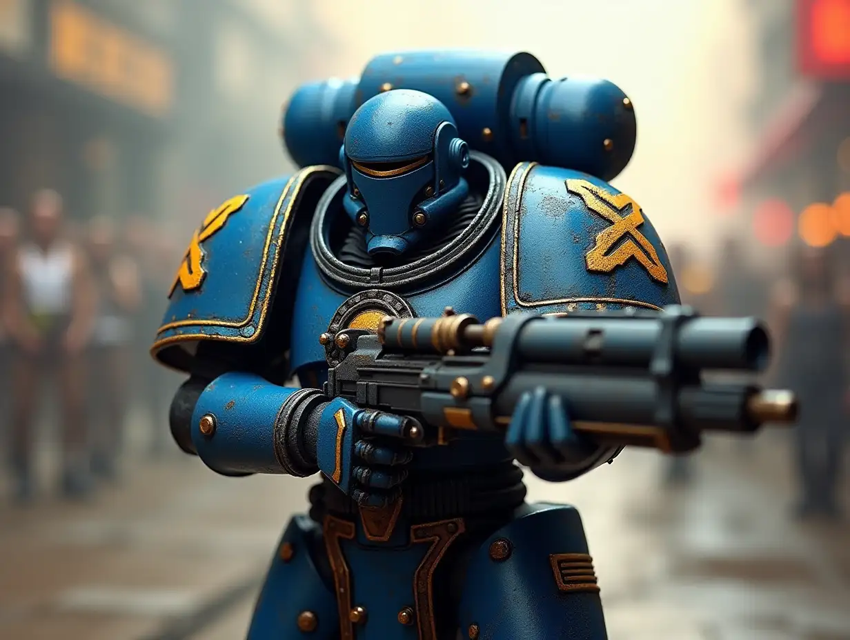 warhammer 40 k spacemarines ultramarines in servo armor,furing his bolter full body