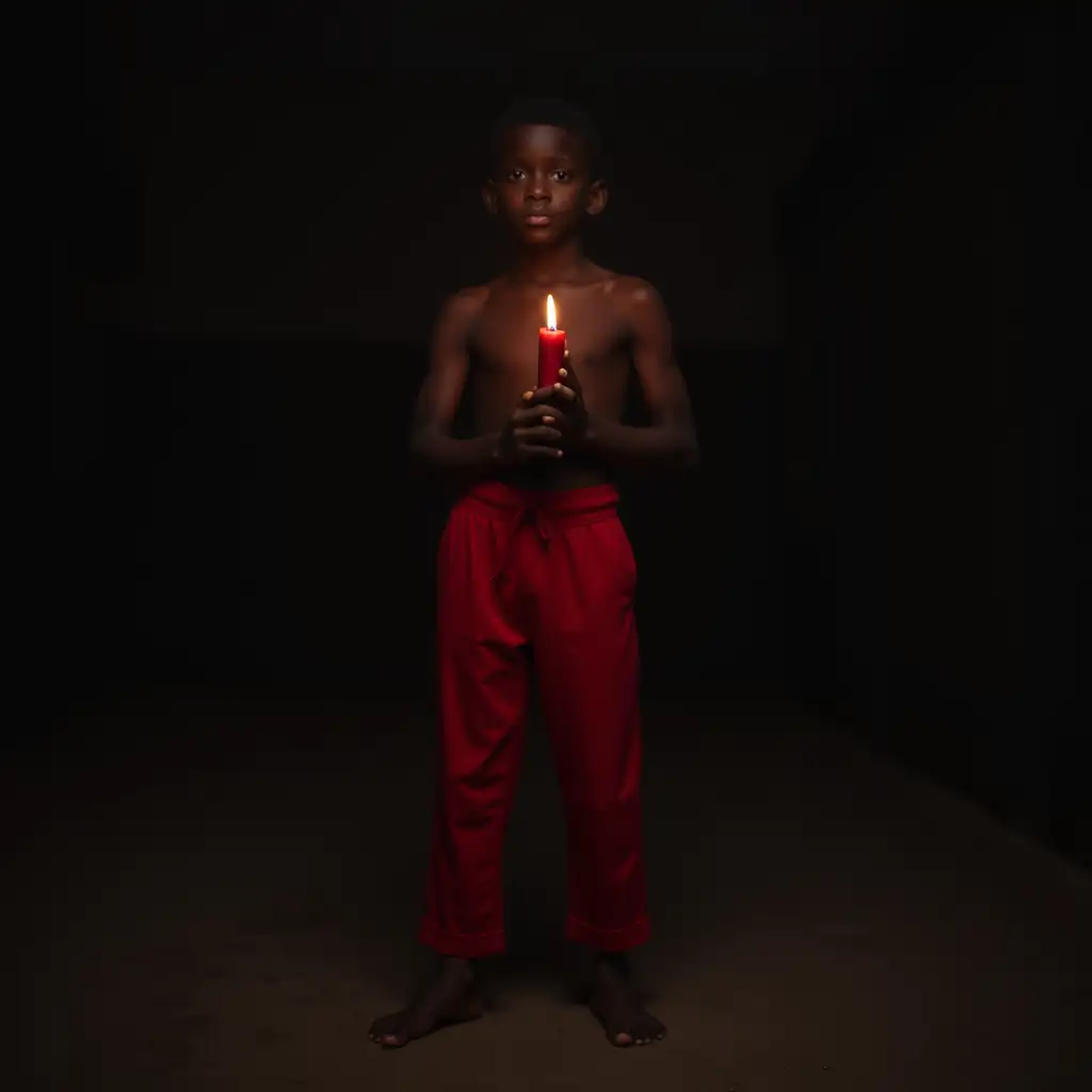 Black-Boy-in-Red-Pants-Holding-a-Red-Candle-in-Darkness