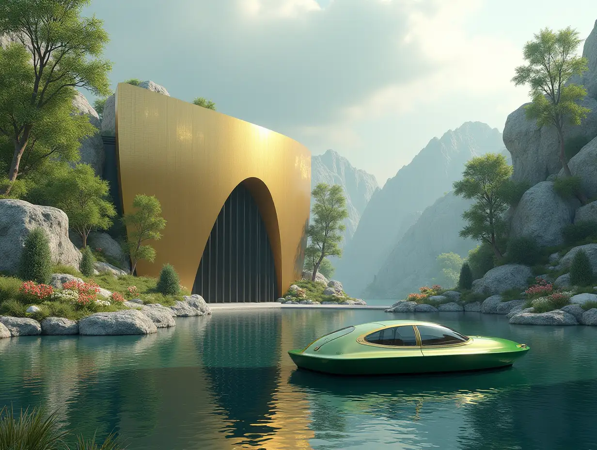 Create a high-resolution realistic image in 4k resolution of a futuristic gold building with black, curved columns, mountains with large trees, rocks, flowers, and a futuristic green boat with glass windows under a cloudy sky