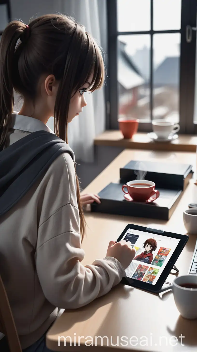 Girl Watching Anime with Tea by Window