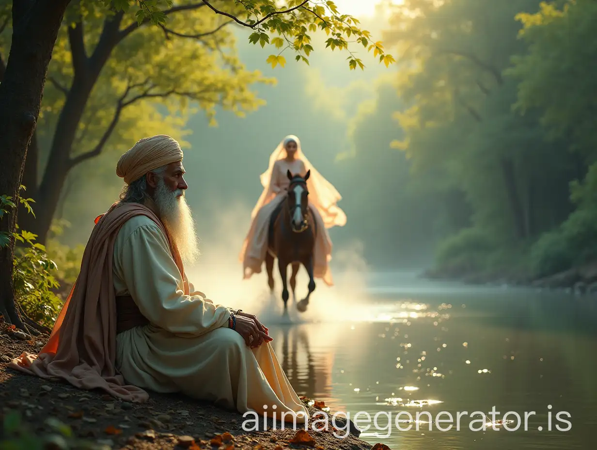 Old-Man-Watching-Majestic-Horse-and-Woman-by-River-in-Lush-Forest