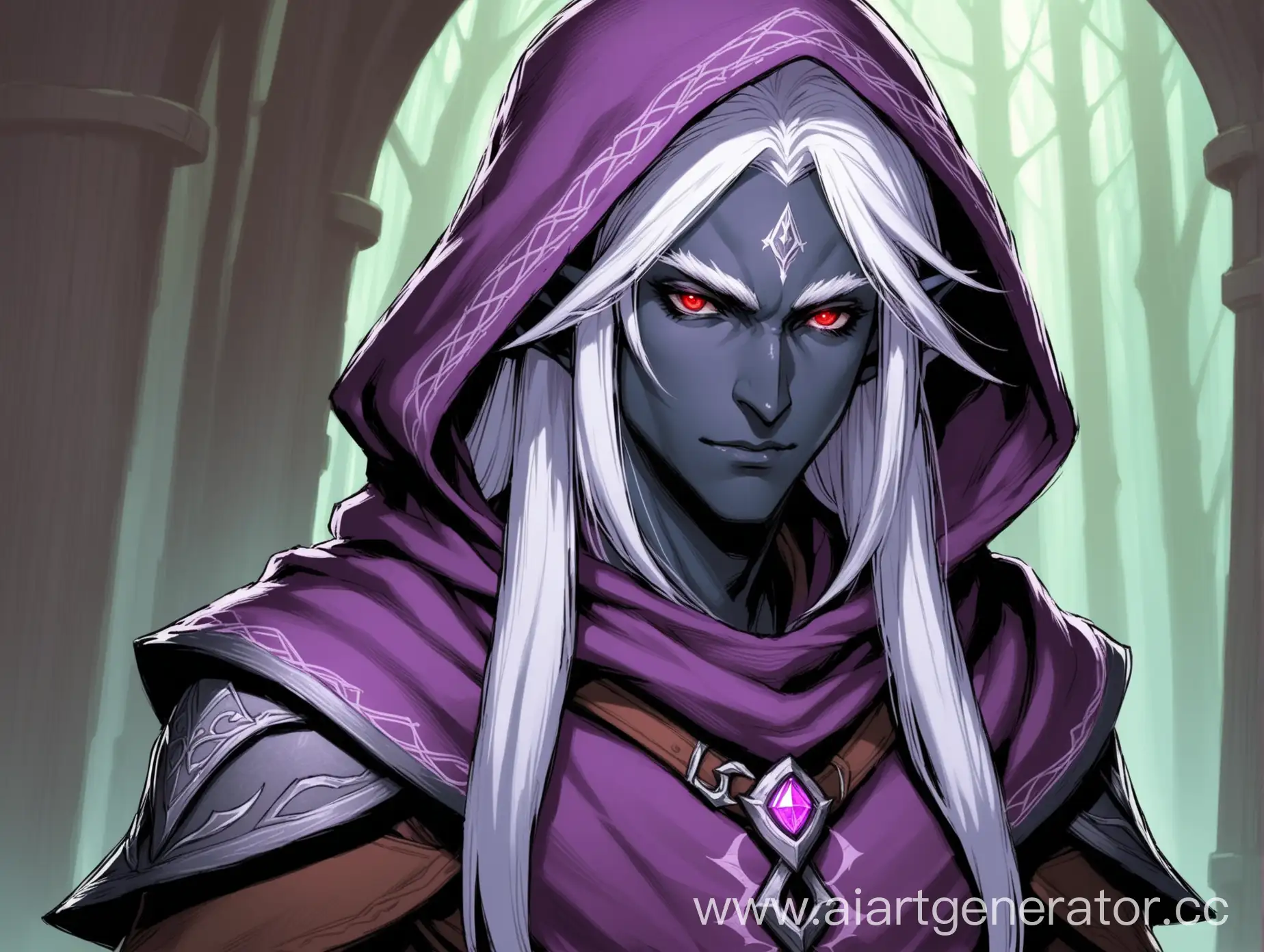 Elfdrow-with-Red-Eyes-and-Purple-Highlights-in-Hooded-Garb