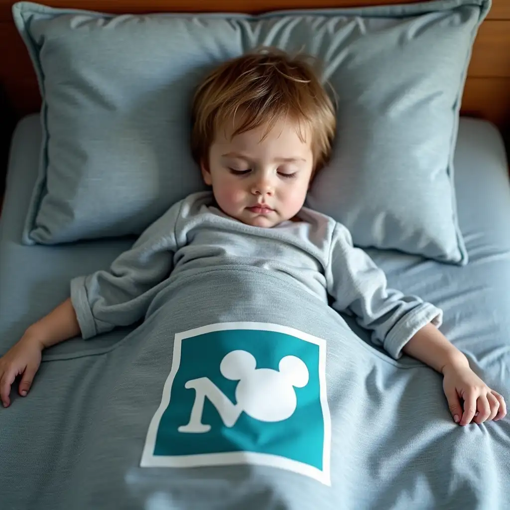 Little boy sleeps in bed with Mickey Mouse design blanket and pillow (that blanket should be with Mickey Mouse on the gray square, blue letter M, green square with white Mickey silhouette, around that square is white bold line}