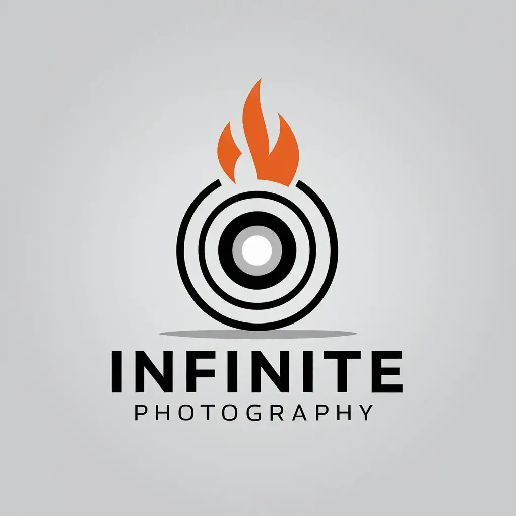 a vector logo design,with the text "Infinite photography", main symbol:Lens, lightning, flame, light and shadow,Minimalistic,clear background