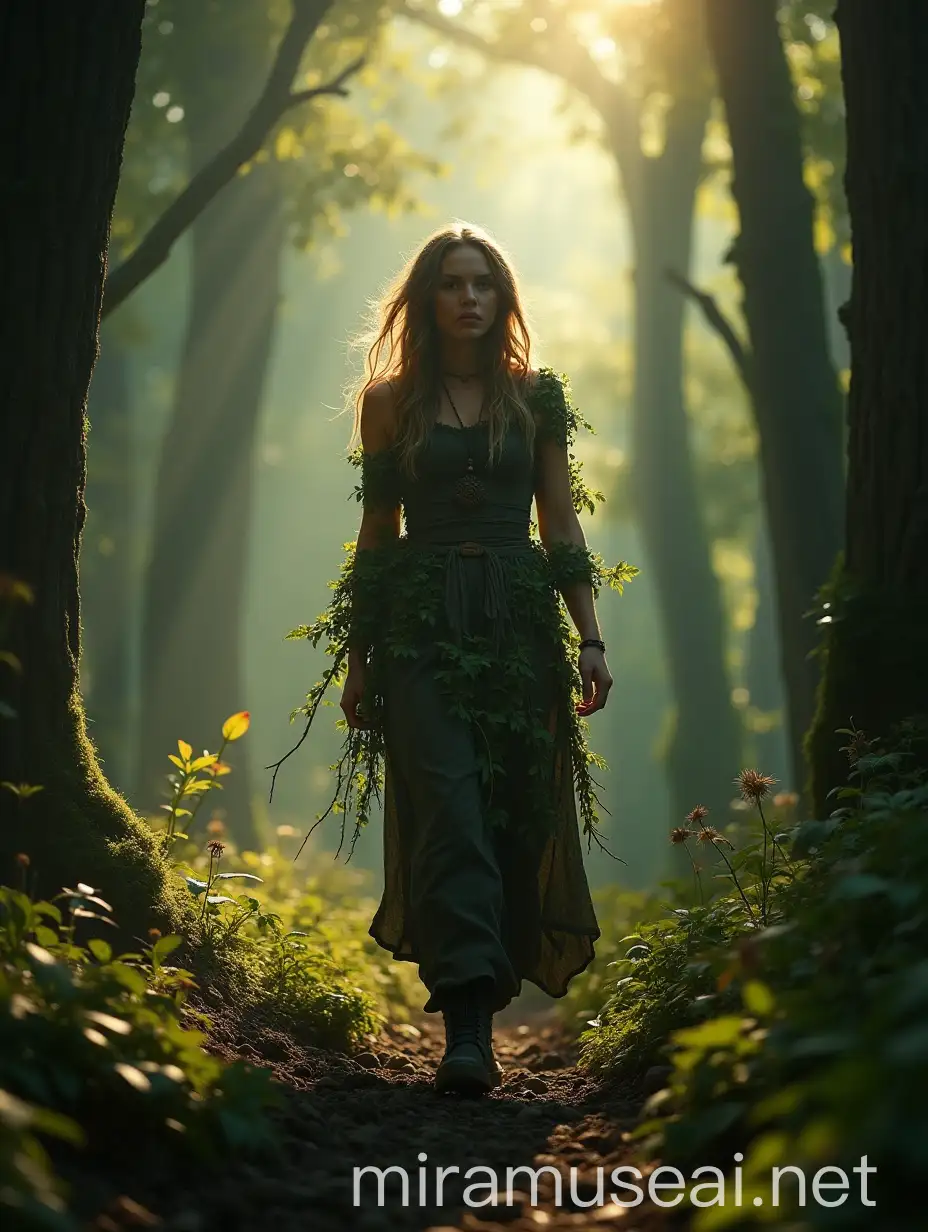 Druid Woman Walking Through Fantasy Forest with Plant Clothes