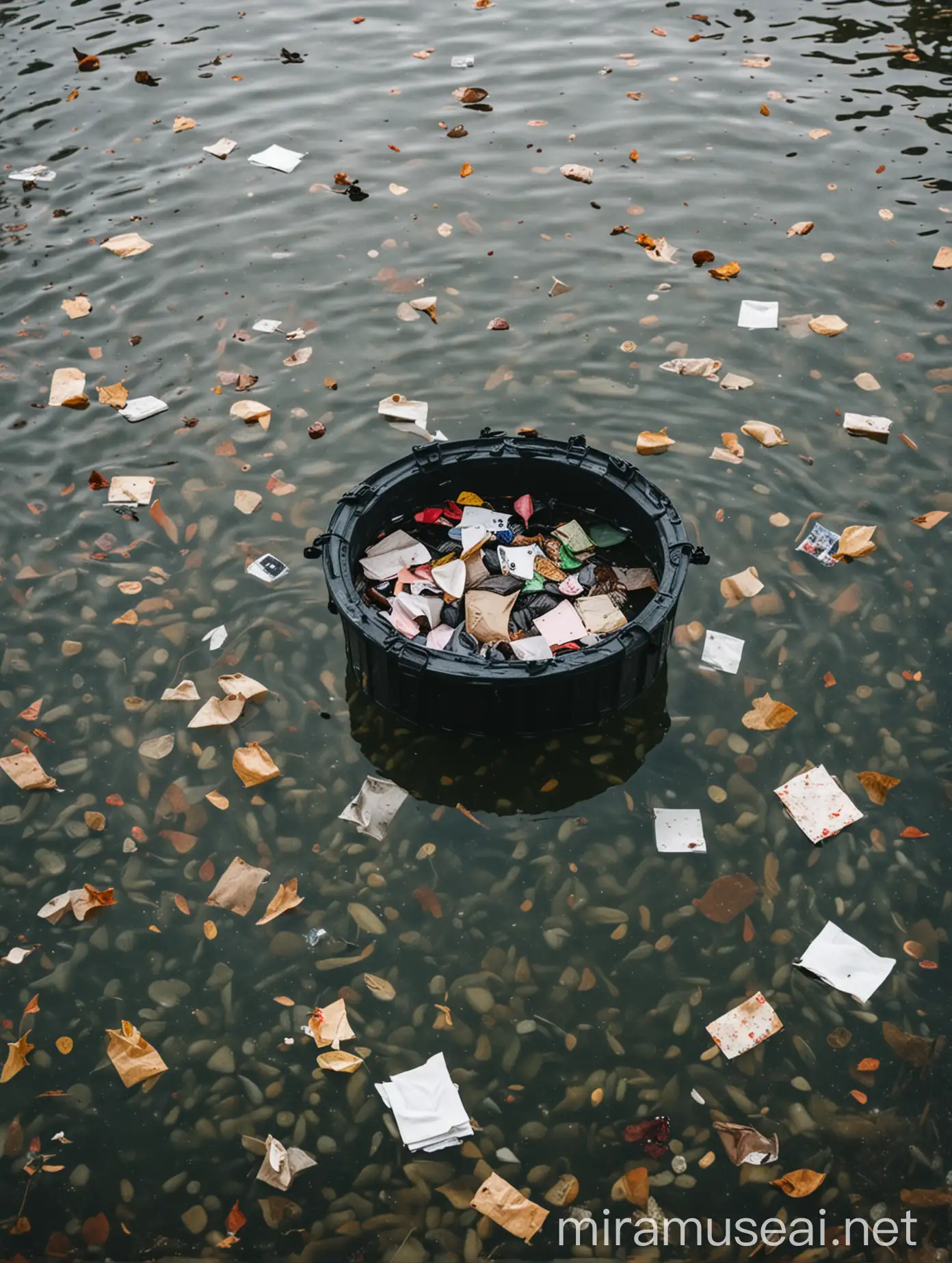 Garbage bins in a lake. Paper floating in the water. A hand comes up from the water. Rats are swimming