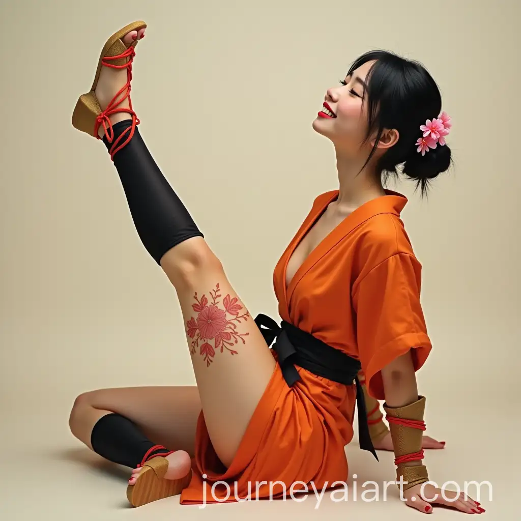 Japanese-Woman-in-Traditional-SamuraiInspired-Outfit-with-Playful-PinUp-Pose