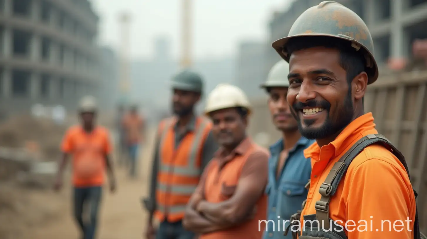 Indian Construction Workers in Poor Clothes at Construction Site