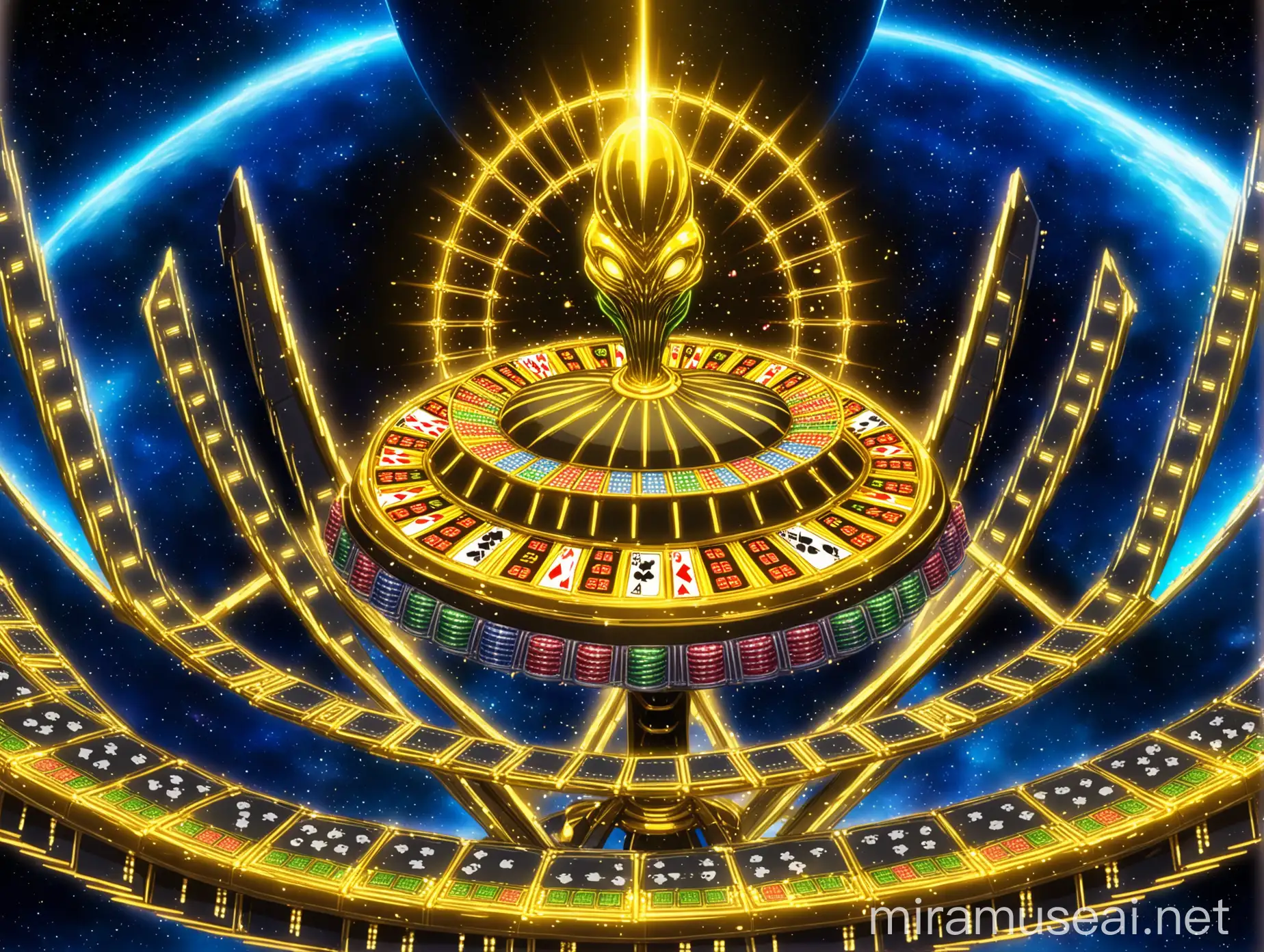 an anime gambling structure, (((space alien gambling structure))), big rich structure, galaxy background, in epic space anime