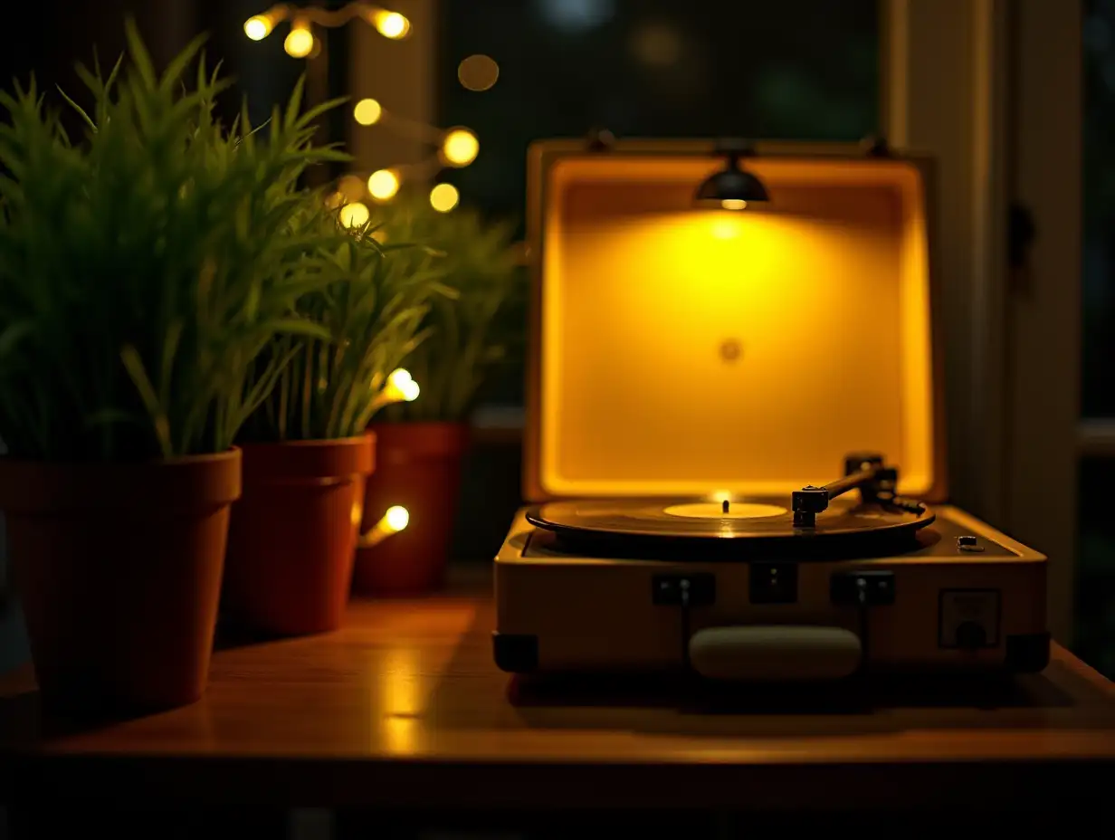 Cozy-Room-with-Vintage-Record-Player-and-Glowing-Fairy-Lights