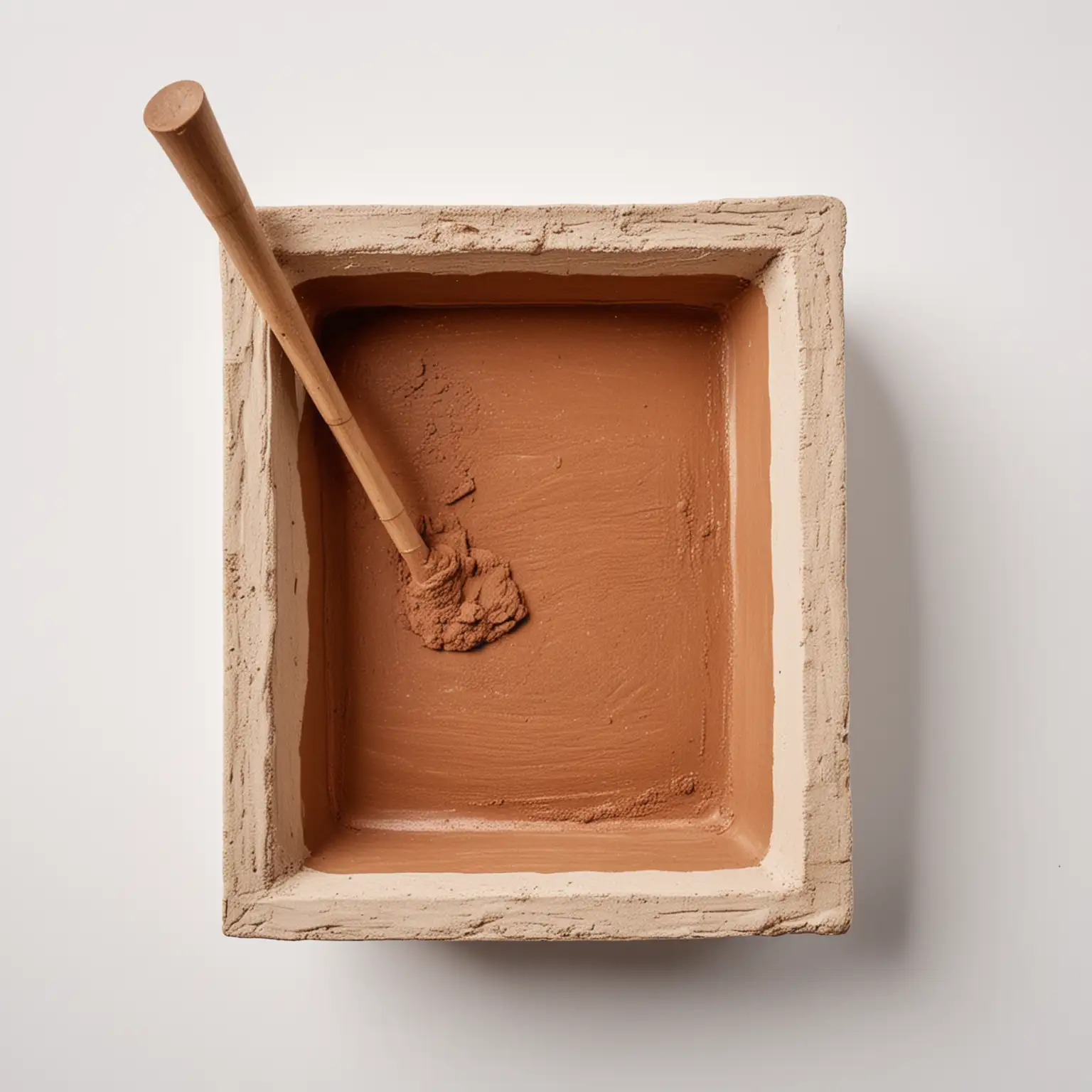 view strictly from above: a rectangular clay bowl with dry brown pigment and a special mallet for grinding the pigment. White background