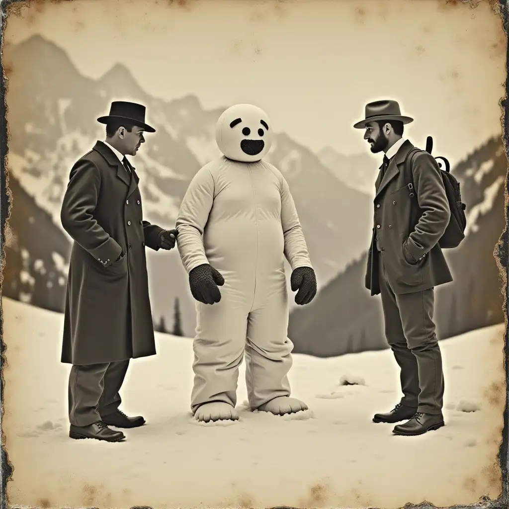 an old tattered historical photo with defects and scratches, showing an encounter of the Snowman and a geologist in the mountains, photo