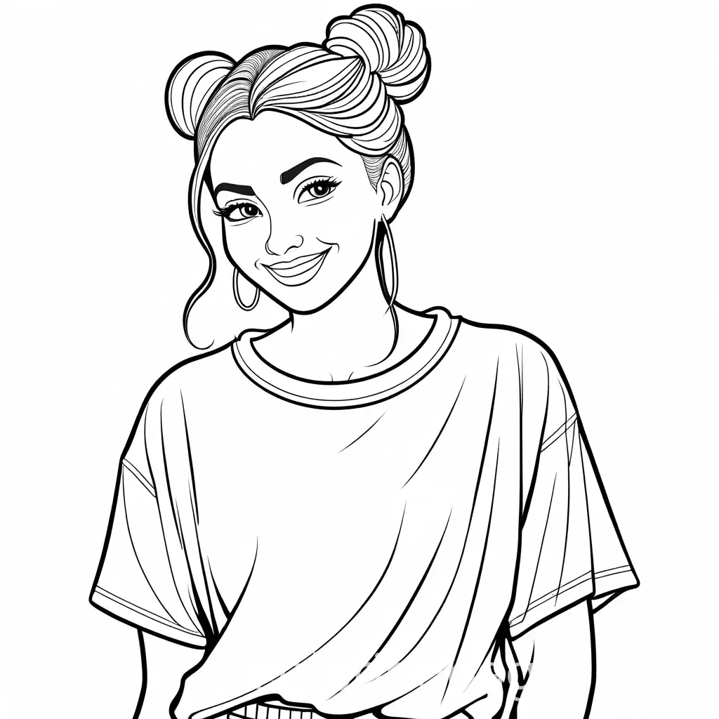 Line-Art-Coloring-Page-Woman-Influencer-Smiling-in-Joggers-and-Oversized-TShirt