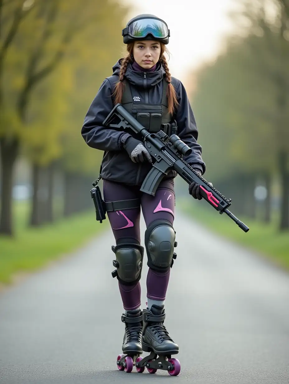 a 17 year old airsoft geared woman at a distance, she is skating in a park, holding a weapon, on an empty road, clothes have racing colors, she is wearing lots of functional sportswear, cycling gloves, airsoft helmet with transparent visor over eyes, smartwatch, thick plastic knee pads, modern inline skates with complete organized wheels