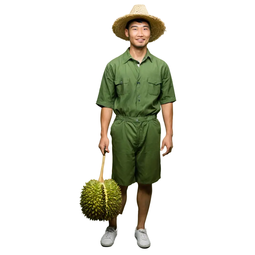 A Korean guy dressed like a thai durian farmer cutting a monthong durian