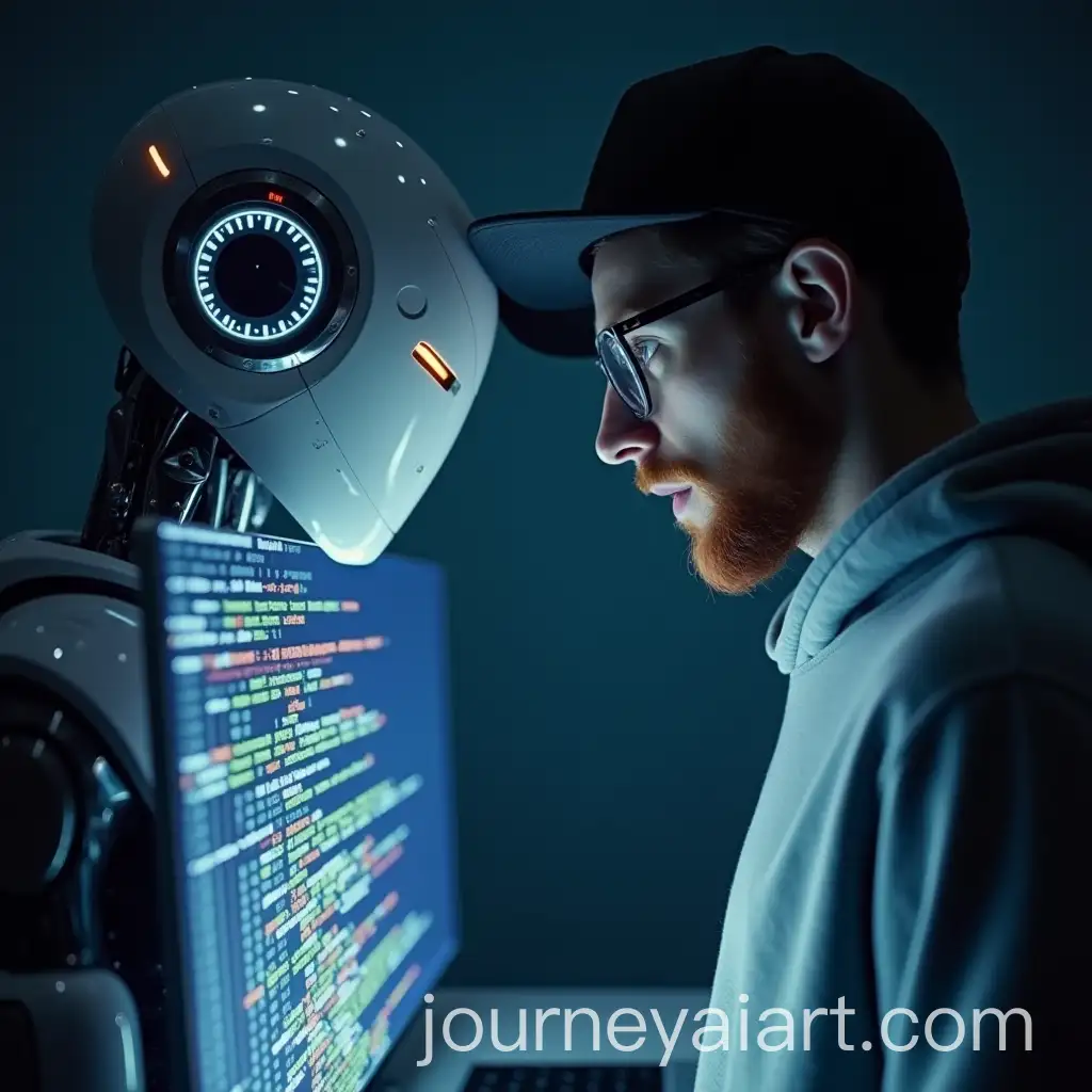 Futuristic-Human-Programmer-and-Tesla-Robot-Interacting-with-Holographic-Screen
